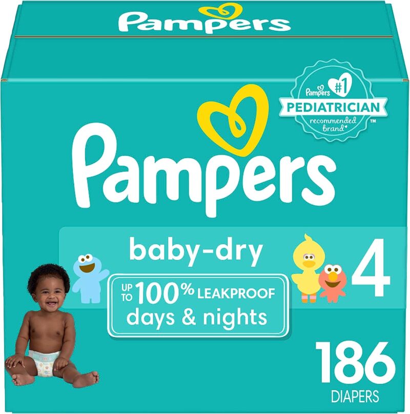 Pampers Baby Dry Diapers – Size 4, One Month Supply (186 Count), Absorbent Disposable Diapers