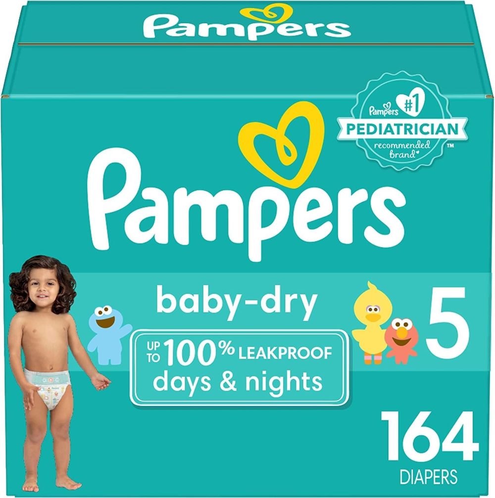 Pampers Baby Dry Diapers – Size 5, One Month Supply (164 Count), Absorbent Disposable Diapers