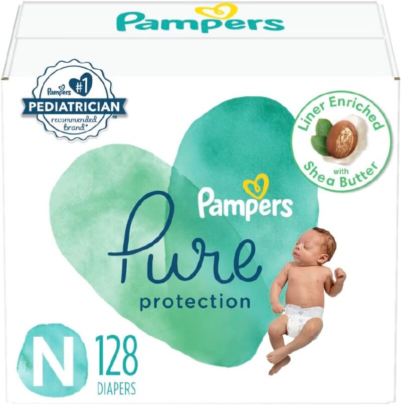 Pampers Pure Protection Diapers Newborn – Size 0, 128 Count, Hypoallergenic Premium Disposable Baby Diapers