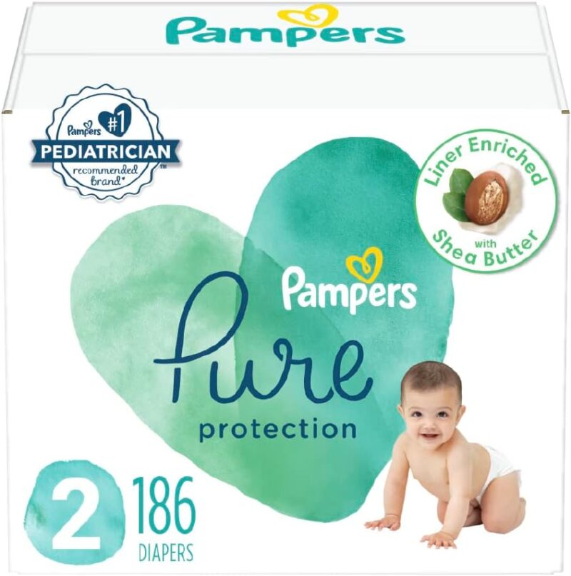 Pampers Pure Protection Diapers – Size 2, One Month Supply (186 Count), Hypoallergenic Premium Disposable Baby Diapers