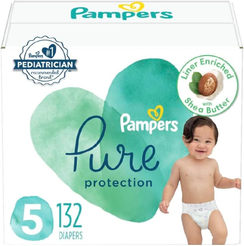 Pampers Pure Protection Diapers - Size 5, One Month Supply (132 Count), Hypoallergenic Premium Disposable Baby Diapers (Packaging May Vary)