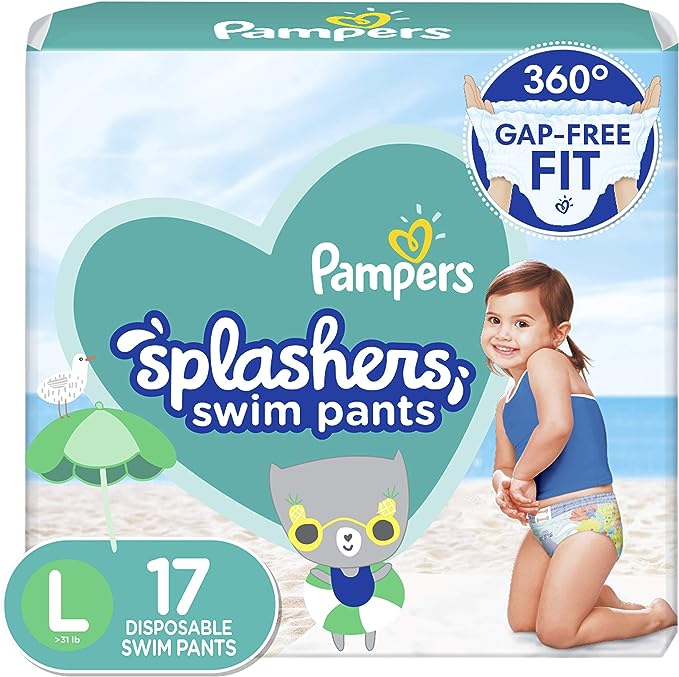 Pampers Splashers Swim Diapers – Size L, 17 Count, Gap-Free Disposable Baby Swim Pants