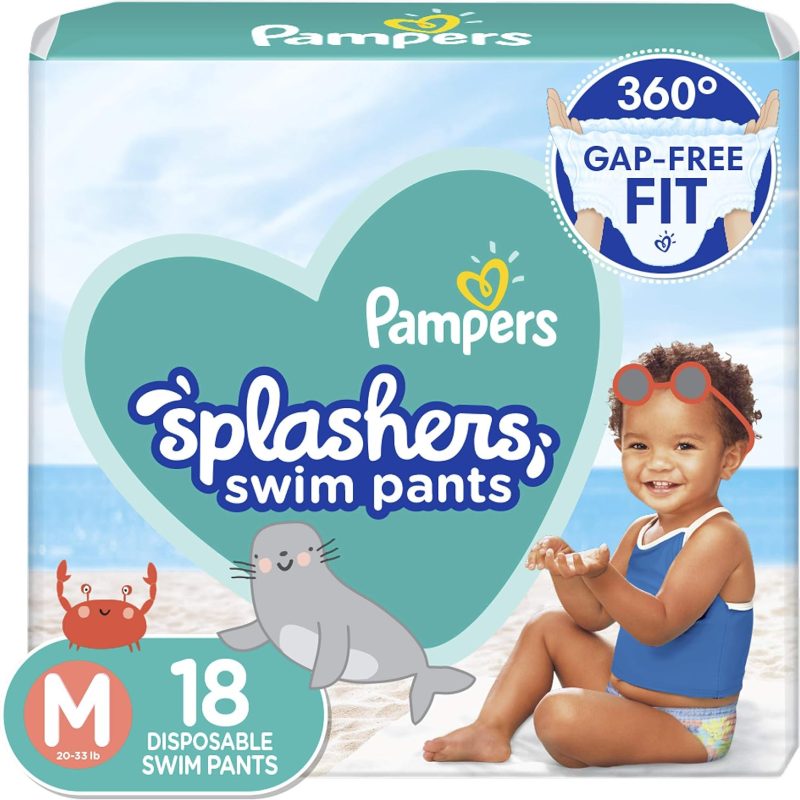 Pampers Splashers Swim Diapers – Size M, 18 Count, Gap-Free Disposable Baby Swim Pants