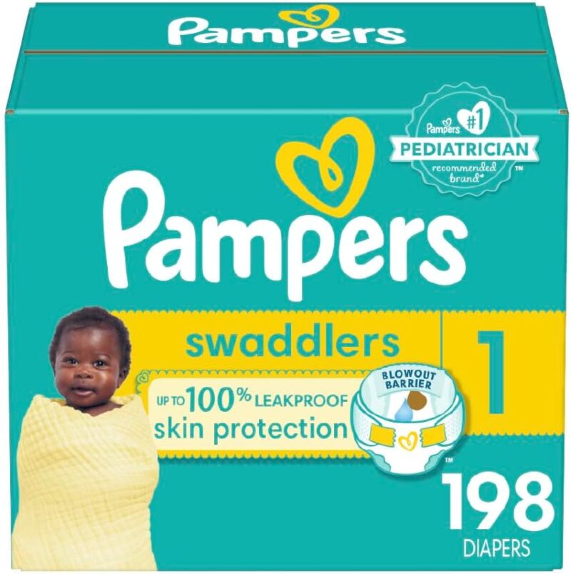 Pampers Swaddlers Diapers - Size 1, One Month Supply (198 Count), Ultra Soft Disposable Baby Diapers