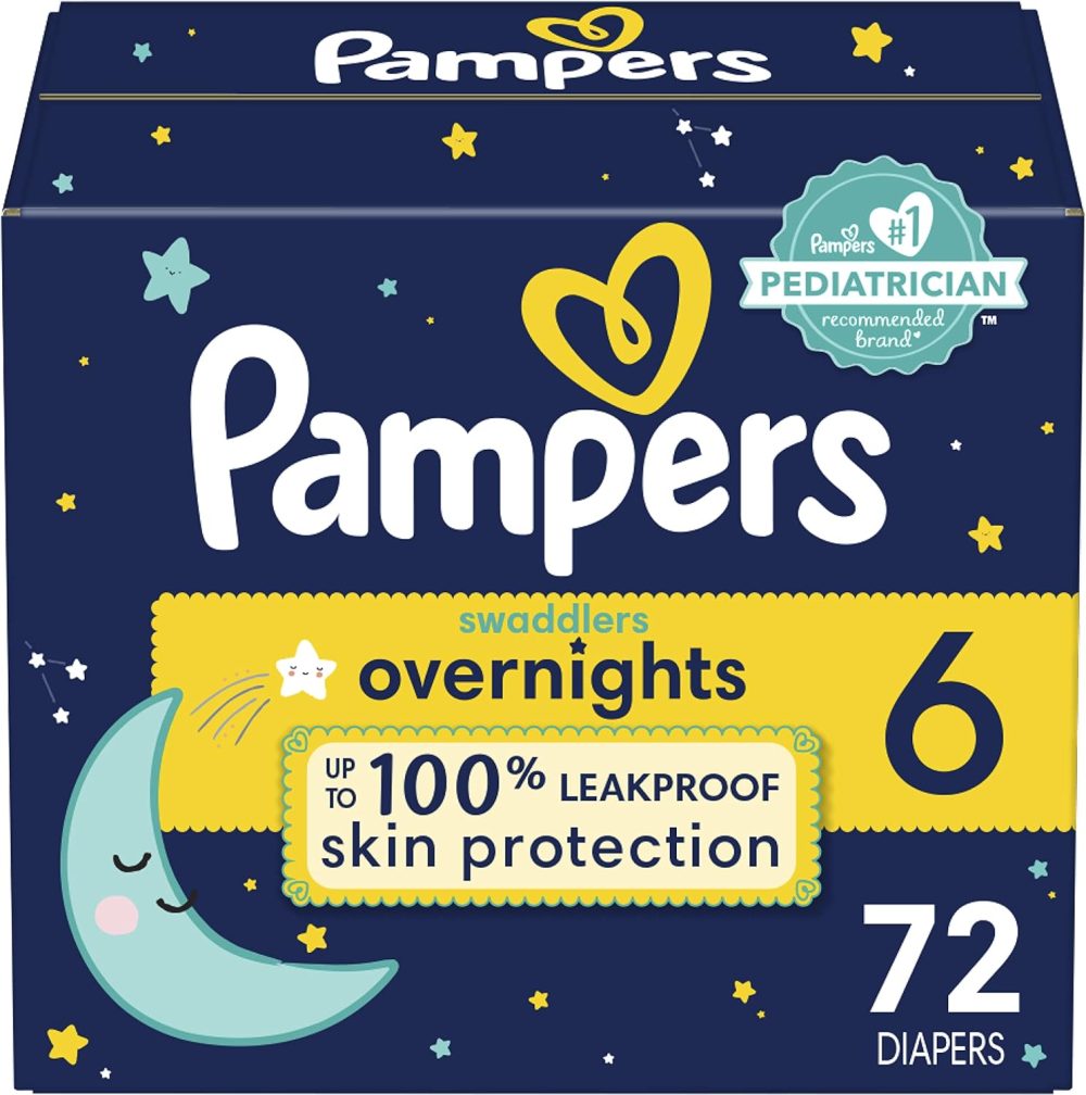 Pampers Swaddlers Overnights Diapers – Size 6, 72 Count, Disposable Baby Diapers, Night Time Skin Protection