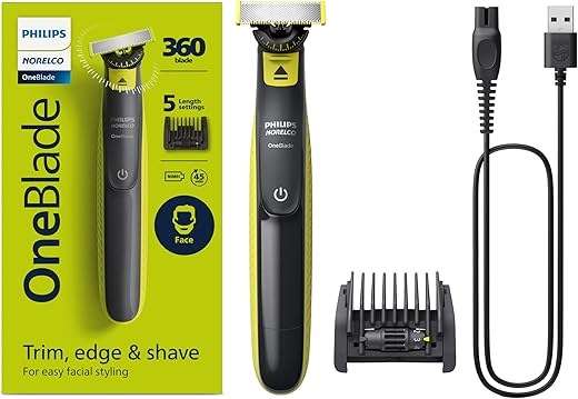 Philips Norelco OneBlade 360 Face, Hybrid Electric Beard Trimmer and Shaver with 5-in-1 Face Stubble Comb, Frustration Free Packaging, QP2724/90