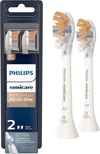 Philips Sonicare Genuine A3 Premium All-in-One Replacement Toothbrush Heads, 2 Brush Heads, White, HX9092/65