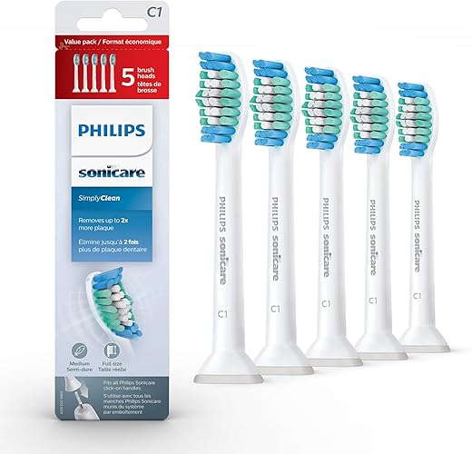 Philips Sonicare Genuine SimplyClean Replacement Toothbrush Heads, 5 Brush Heads, White, HX6015/03