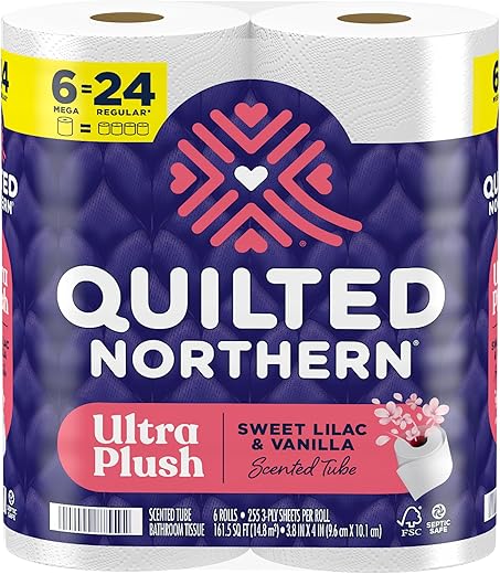 Quilted Northern Ultra Plush Toilet Paper with Sweet Lilac & Vanilla Scented Tube, 6 Mega Rolls = 24 Regular Rolls, 3 Ply Soft Toilet Tissue