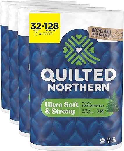Quilted Northern Ultra Soft & Strong Toilet Paper, 32 Mega Rolls = 128 Regular Rolls, 5X Stronger, Premium Soft Toilet Tissue with Recyclable Paper Packaging