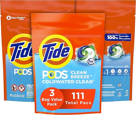 Tide PODS Laundry Detergent Soap Pods, Clean Breeze, 3 Bag Value Pack, 37 Count (Pack of 3)