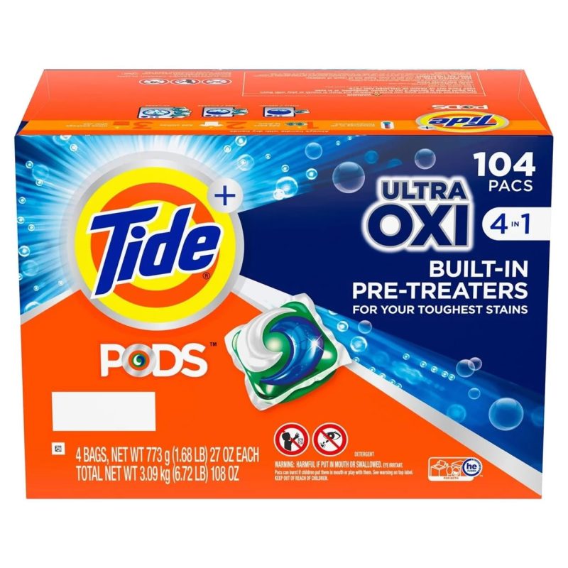 Tide PODS Liquid Detergent Pacs, 4-in-1 Ultra Oxi, 104 Ct, 4 Bags