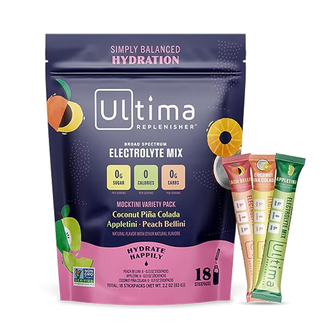 Ultima Replenisher Daily Electrolyte Drink Mix – Mocktini Variety, 18 Stickpacks – Hydration Packets with 6 Key Electrolytes & Trace Minerals – Keto Friendly, Non- GMO &...