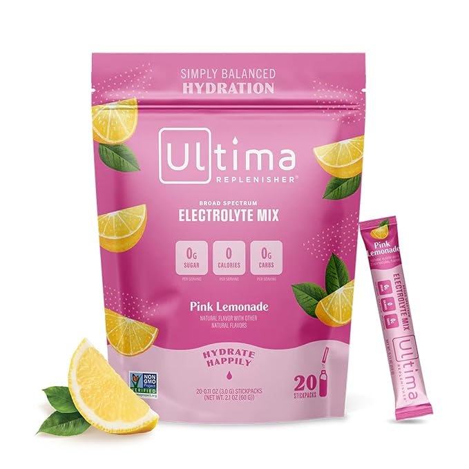 Ultima Replenisher Daily Electrolyte Drink Mix – Pink Lemonade, 20 Stickpacks – Hydration Packets with 6 Electrolytes & Trace Minerals – Keto Friendly, Vegan, Non-GMO &...