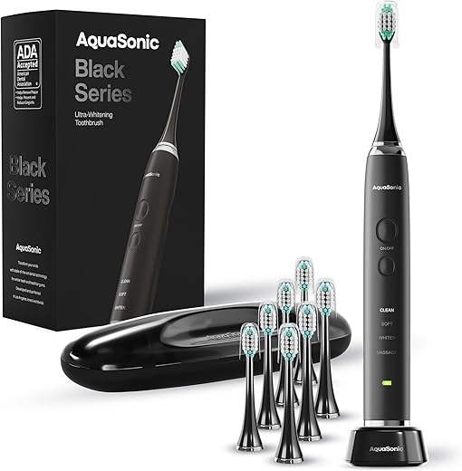 Aquasonic Black Series Ultra Whitening Toothbrush – ADA Accepted Electric Toothbrush- 8 Brush Heads & Travel Case – 40,000 VPM Electric Motor & Wireless Charging - 4 Modes w...