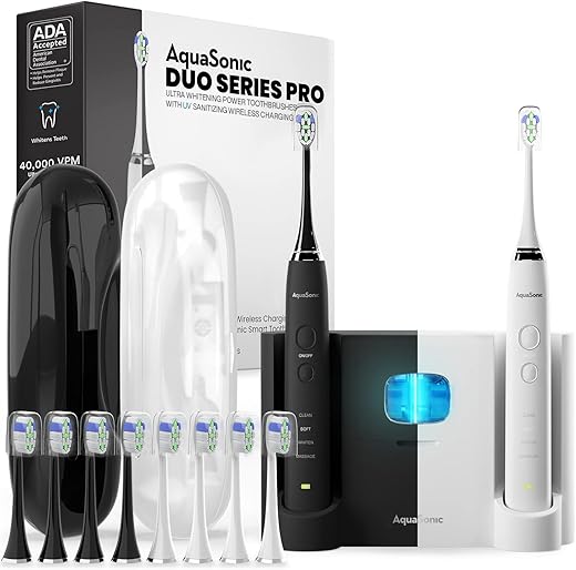 AquaSonic DUO PRO – Ultra Whitening 40,000 VPM Electric ToothBrushes – ADA Accepted - 4 Modes with Smart Timers - UV Sanitizing & Wireless Charging Base - 10 ProFlex Brush Heads...