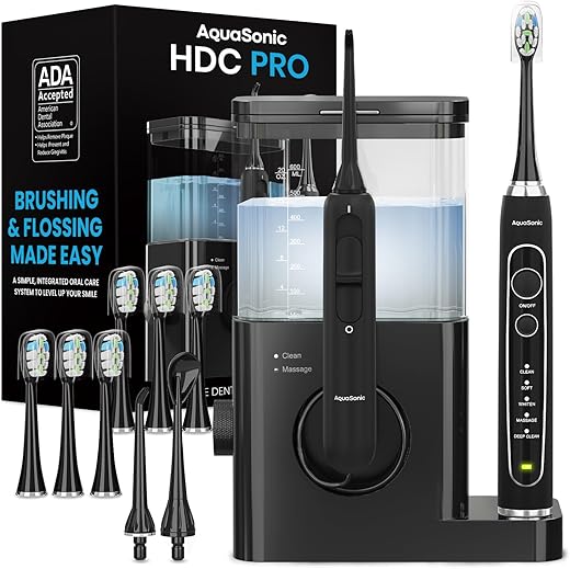 Aquasonic Home Dental Center PRO – Brushing & Flossing Made Easy – Brush & Floss – Power Toothbrush & Water Flosser – Whiter Teeth & Healthier Gums – Black Series Pro+Oral...