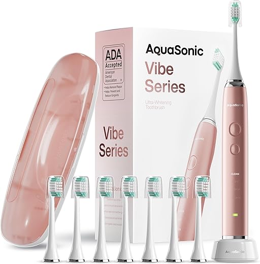 Aquasonic Vibe Series Ultra-Whitening Toothbrush – ADA Accepted Electric Toothbrush - 8 Brush Heads & Travel Case – 40,000 VPM Motor & Wireless Charging - 4 Modes w Smart Timer...