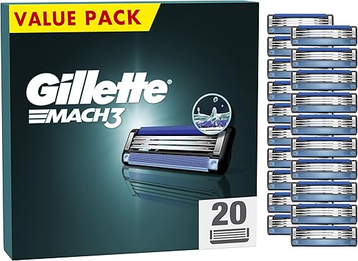 Gillette Mach3 Razor Blades Men, Pack of 20 Razor Blade Refills, Upgraded Lubrastrip for an Enhanced Glide