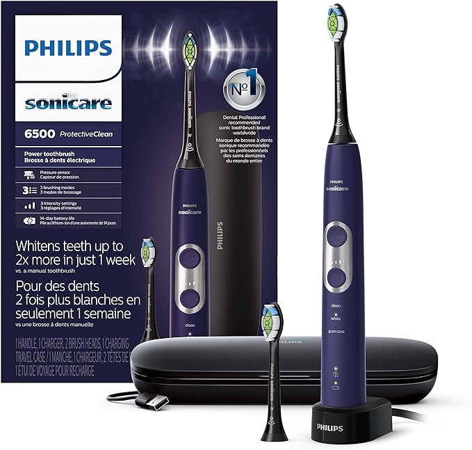 PHILIPS Sonicare Protective Clean 6500 Rechargeable Electric Toothbrush with Charging Travel Case and Extra Brush Head, Deep Purple, 2 Count