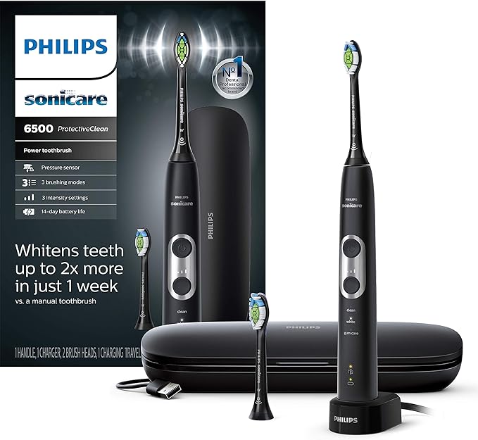 PHILIPS Sonicare ProtectiveClean 6500 Rechargeable Electric Power Toothbrush with Charging Travel Case and Extra Brush Head, Black, HX6462/08