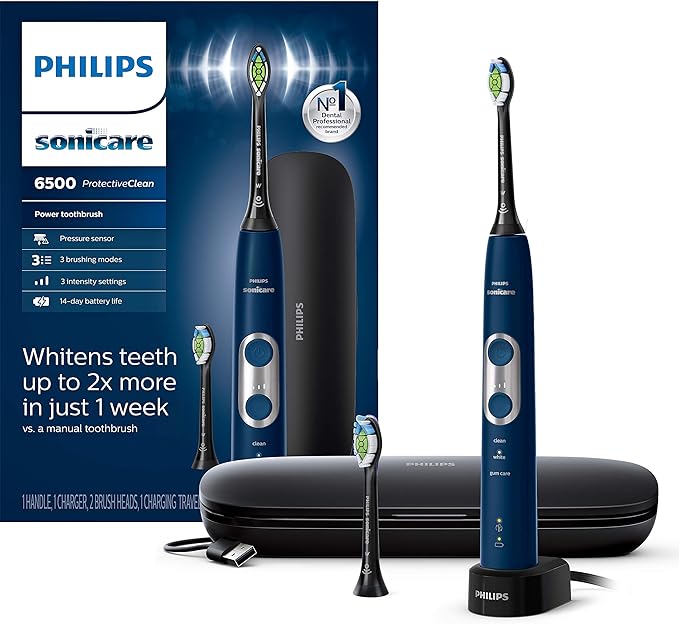 PHILIPS Sonicare ProtectiveClean 6500 Rechargeable Electric Power Toothbrush with Charging Travel Case and Extra Brush Head, Navy Blue, HX6462/07
