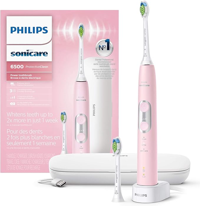 PHILIPS Sonicare ProtectiveClean 6500 Rechargeable Electric Power Toothbrush with Charging Travel Case and Extra Brush Head, Pink, HX6462/06