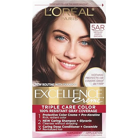 L'Oreal Paris Excellence Creme Permanent Triple Care Hair Color, 5AR Medium Maple Brown, Gray Coverage For Up to 8 Weeks, All Hair Types, Pack of 1