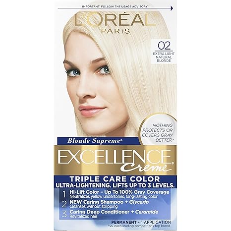 L'Oreal Paris Excellence Creme Permanent Triple Care Hair Color, 02 Extra Light Natural Blonde, Gray Coverage For Up to 8 Weeks, All Hair Types, Pack of 1
