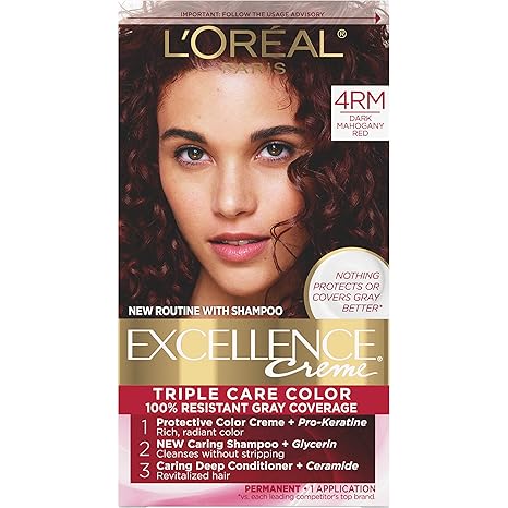 L'Oreal Paris Excellence Creme Permanent Triple Care Hair Color, 4RM Dark Mahogany Red, Gray Coverage For Up to 8 Weeks, All Hair Types, Pack of 1