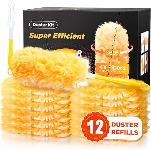 Super Efficient Duster Refills for Swiffer Duster, Duster Kit with 12 Ct Duster Refills & 1 Handle, Multisurface 360° Dusters with 4X Microfibers, Unscented Disposable Dusters...