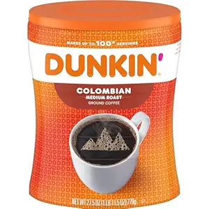 Dunkin' 100% Colombian Medium Roast Ground Coffee Mellow Taste Sugar-Free Box Packaging Pack 4 27.5 Ounce Blended Instant Coffee