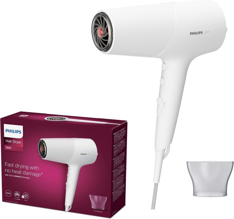 Philips Hair dryer 5000 Series - 2100 Watt - 2x Ion care - ThermoShield technology - 3 Heat settings & 2 speed settings - Cool air burst - Protected against overheating - White - BHD500/00