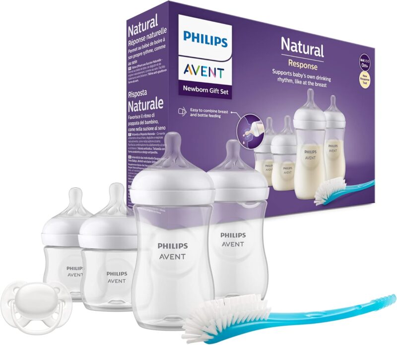 Philips Avent Baby Bottle Newborn Gift Set - 4 Baby Milk Bottles, Ultra-Soft Pacifier and Bottle Brush, Babies Aged 0-12 Months+ (Model SCD838/11)