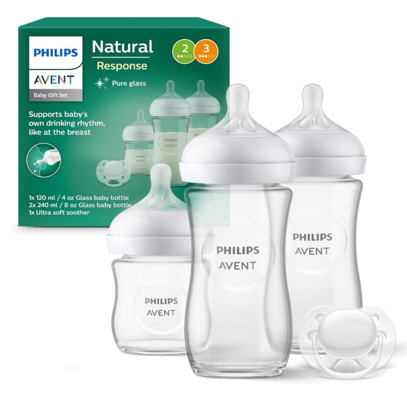 Philips Avent Glass Baby Bottles, Newborn Gift Set – 3 Baby Bottles Natural Response, Ultra Soft Pacifier, for Babies 0–6 Months and Over (Model SCD878/11)