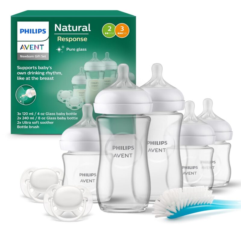 Philips AVENT Natural Response Glass Gift Set for Newborns - 3 x 120 ml and 2 x 240 ml Baby Bottles, 2 x Ultra Soft Dummies 0-6 Months, Bottle Brush, BPA Free (Model SCD879/11)