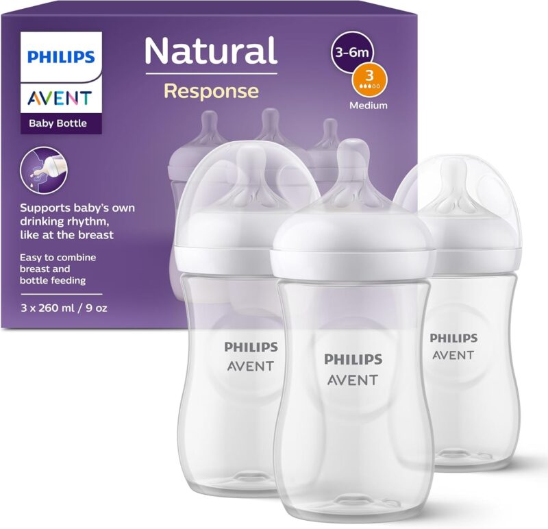 Philips Avent Natural Response Baby Bottle - 3 x 260ml Baby Milk Bottle for Newborns and Up, BPA Free, 1+ Months (Model SCY903/03)