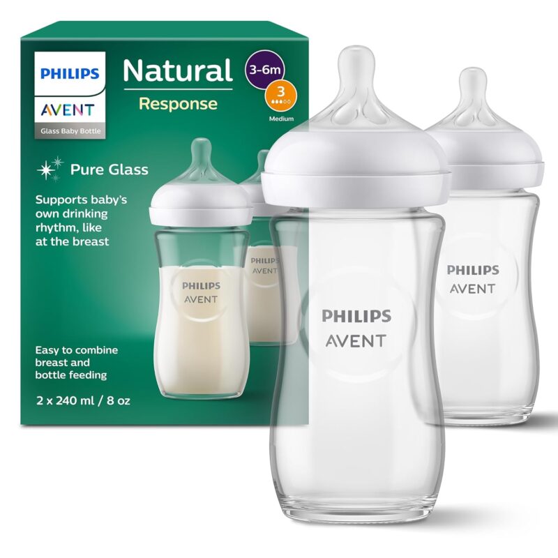 Philips Avent Natural Response Glass Baby Bottles – 2x Baby Bottles, 240 ml, BPA-free, for newborns from 1 month (Model SCY933/02)