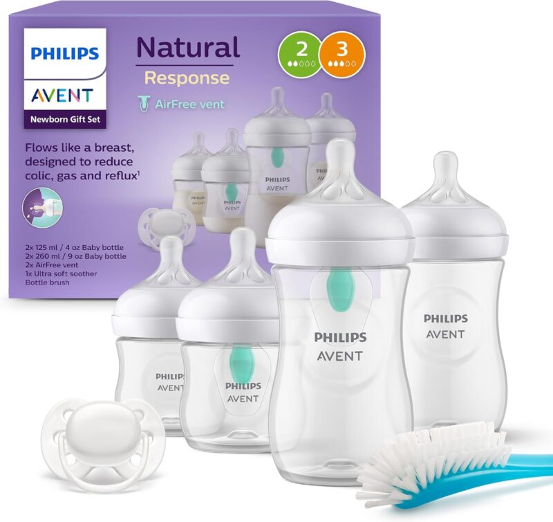 Philips Avent AirFree Vent Baby Bottle Newborn Gift Set - 4 Baby Milk Bottles with Air-Free Vent, Ultra-Soft Pacifier and Bottle Brush, Babies Aged 0-12 Months+ (Model SCD657/11)