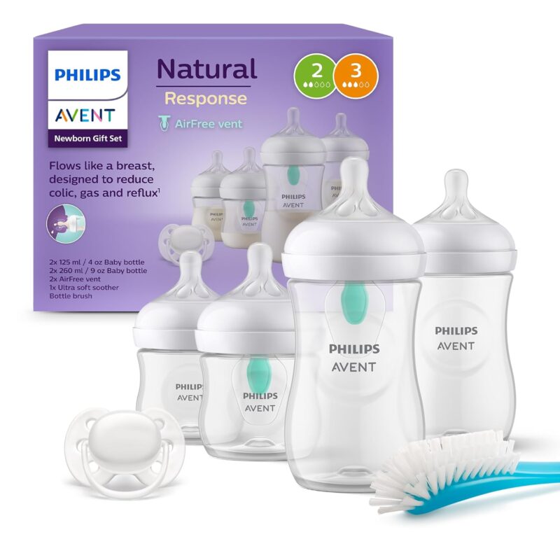 Philips Avent Baby Bottles with AirFree Valve, Newborn Gift Set – 4 Baby Bottles, Ultra Soft Pacifier and Bottle Brush, Babies from 0–12 Months and Over (Model SCD657/11)