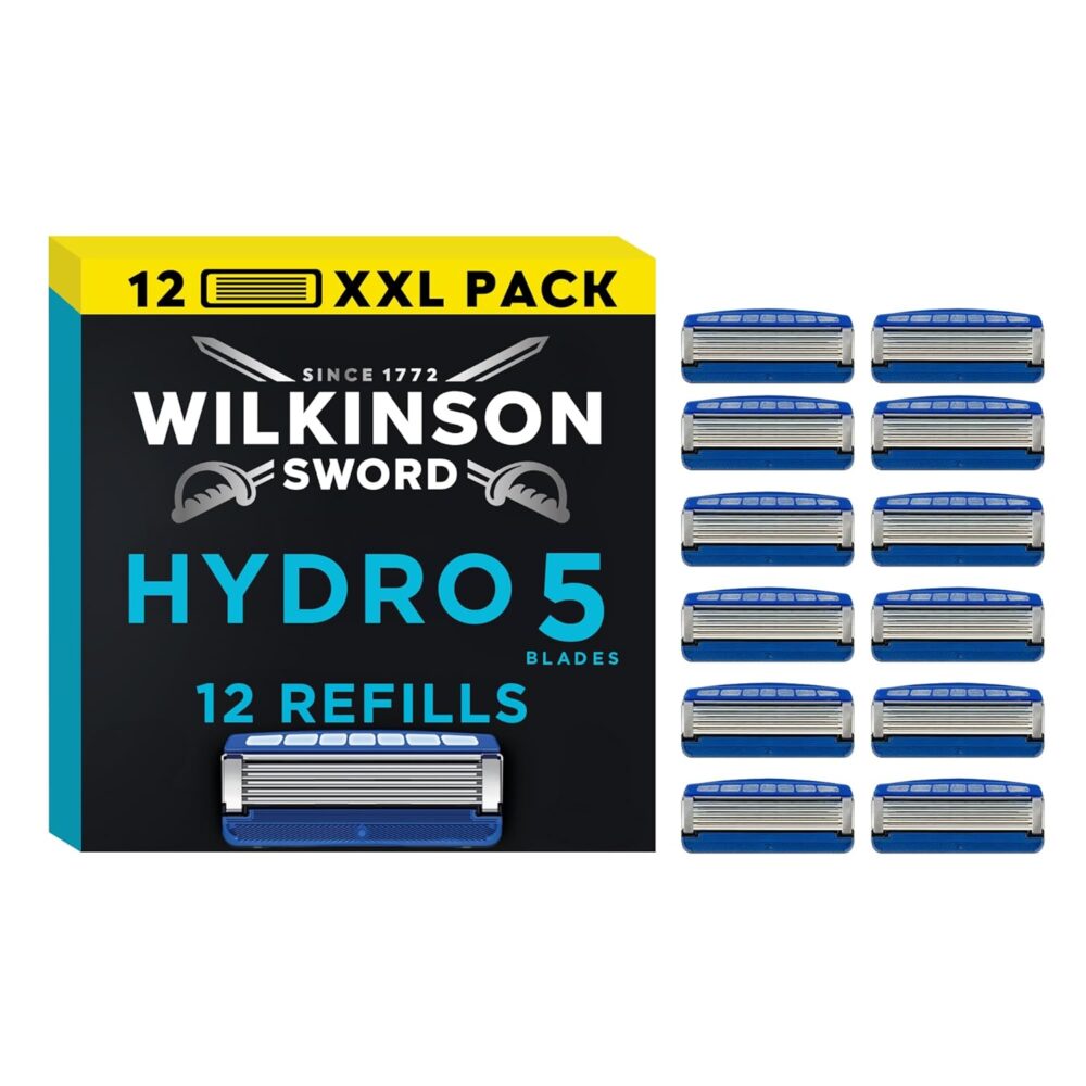Wilkinson Sword – Hydro 5 Razors for Men, 12 Replacement Blades, Moisturising Gel Pools and Folding Trimmer