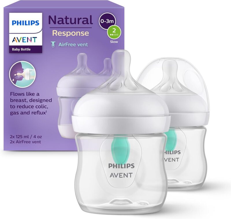 Philips Avent Natural Response Baby Bottle - 2X 125ml Baby Milk Bottle with AirFree Vent, BPA Free for Newborn Babies Aged 0 Months+ (Model SCY670/02)