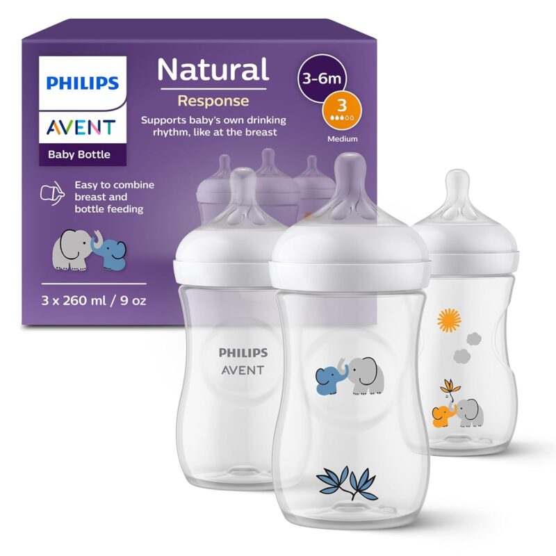Philips AVENT Natural Response Gift Set for Babies: 3 Natural Response Baby Bottles (260 ml) with T3 Teats (from 1 Month), SCY903/63