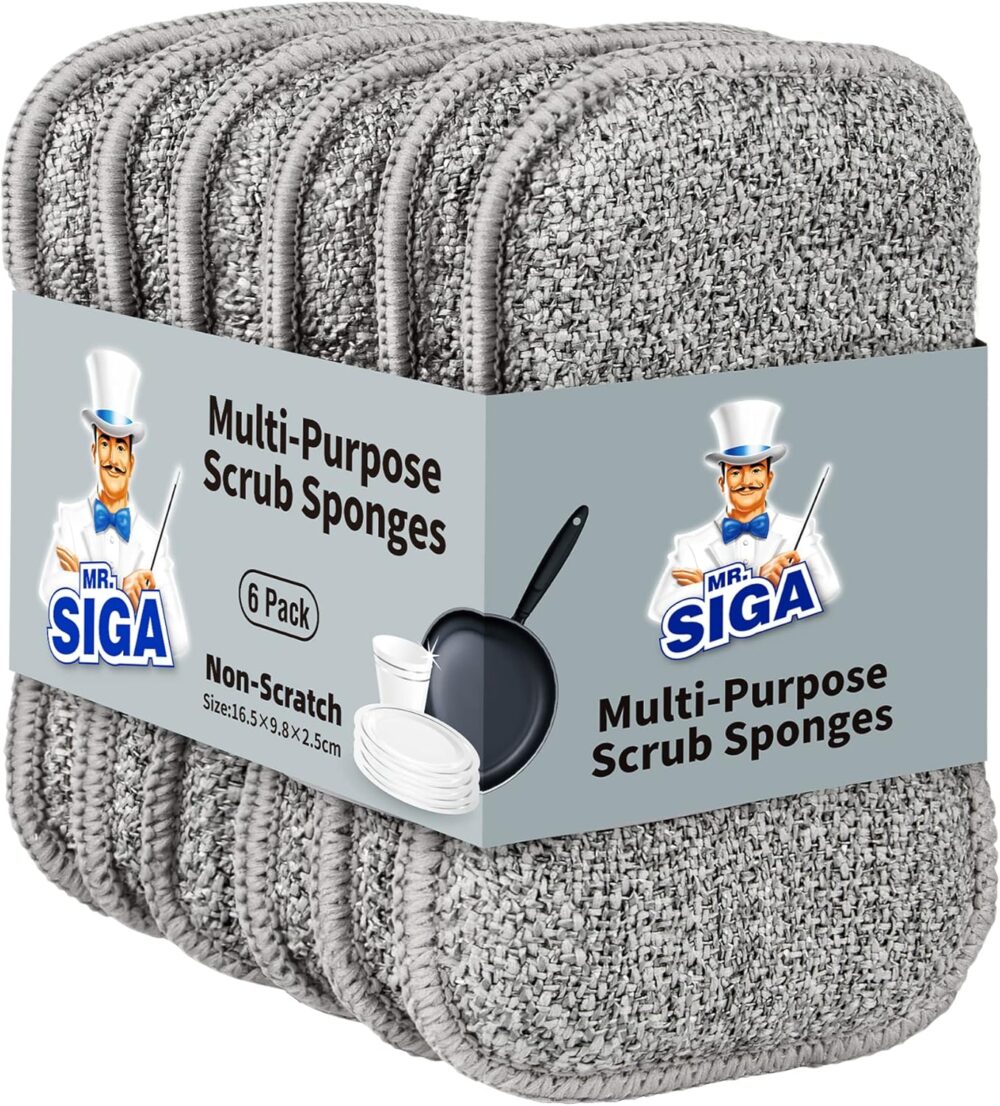 MR.SIGA Dual-Sided Scrub Sponges, Long lasting, Reusable Dishwashing Sponges for Kitchen, 6 Pack