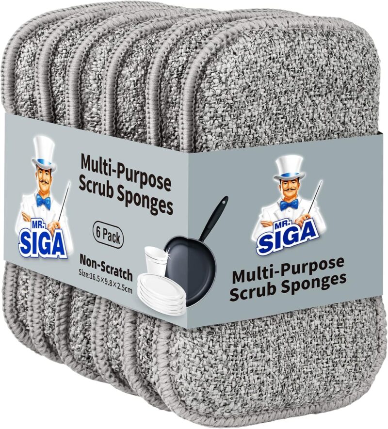 MR.SIGA Dual-Sided Scrub Sponges, Long lasting, Reusable Dishwashing Sponges for Kitchen, 6 Pack