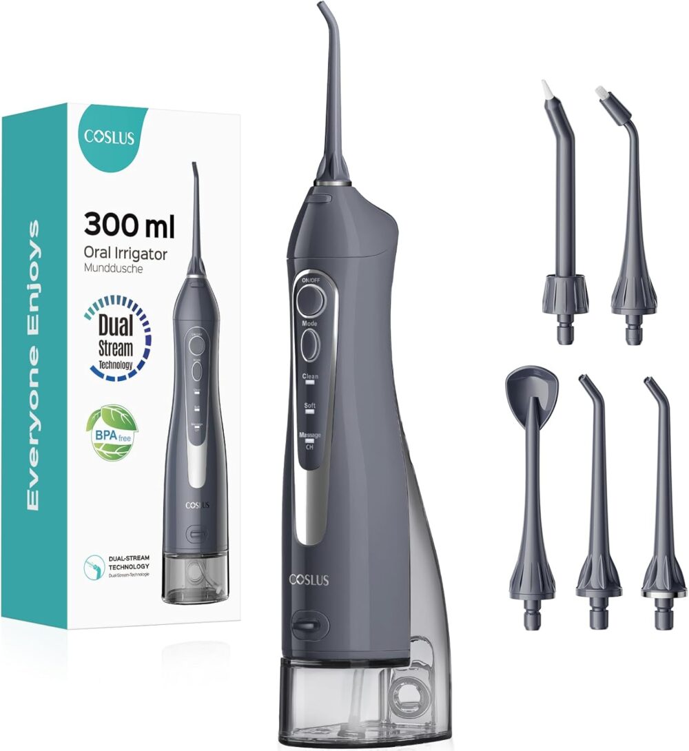 COSLUS Water Dental Flosser Teeth Pick: Portable Cordless Oral Irrigator 300ML Rechargeable Travel Irrigation Cleaner IPX7 Waterproof Electric...