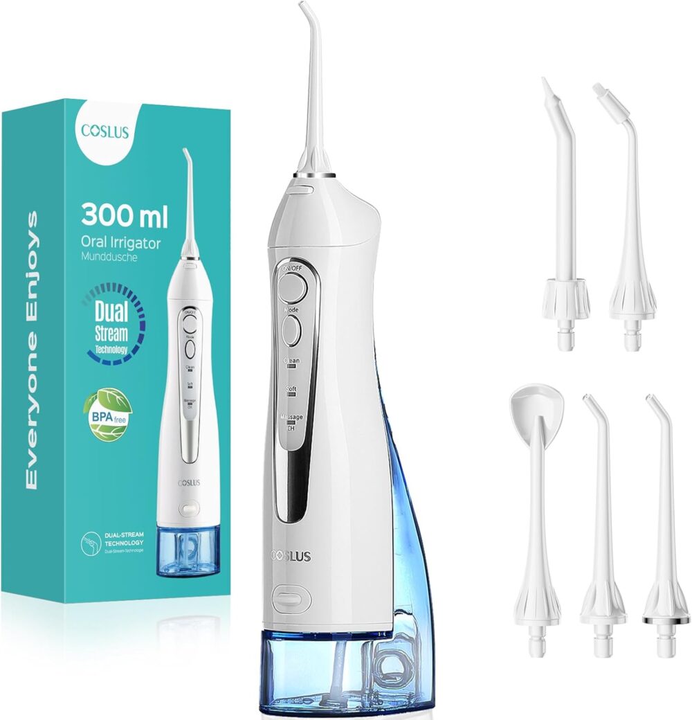 COSLUS Water Dental Flosser Teeth Pick: Portable Cordless Oral Irrigator 300ML Rechargeable Travel Irrigation Cleaner IPX7 Waterproof Electric...