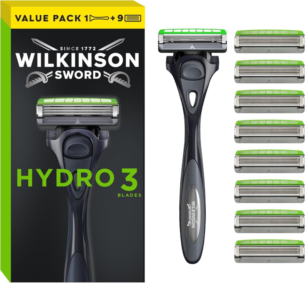 Wilkinson Sword – Hydro 3 Razor for Men, Shaving Handle + 9 Razor Blades, Moisturising Gel Pools
