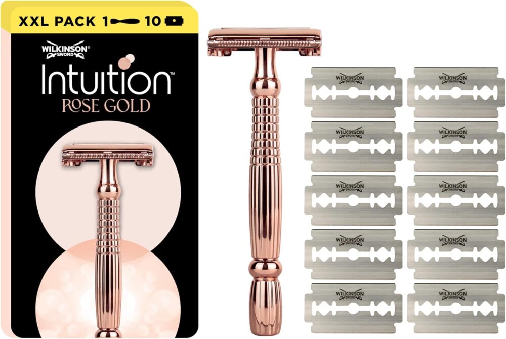 Wilkinson Sword Intuition Rose Gold Safety Razor for Women – Plastic Free Shaving with Butterfly Opening