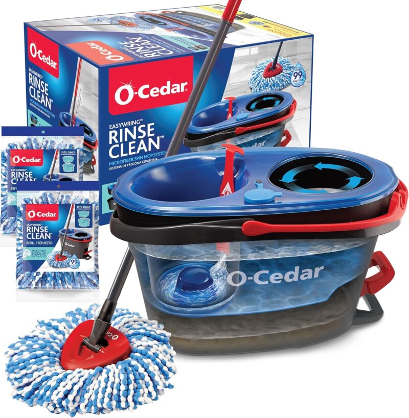 O-Cedar RinseClean Spin Mop & Bucket System + 2 Extra Mop Heads| Clean with Clean Water | Removes 99% of Bacteria